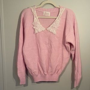 Vintage pink knit lace collared sweater